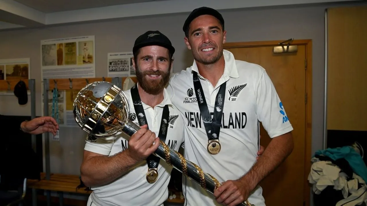 Tim Southee won the World Test Championship title by defeating India in 2021, with Kane Williamson by his side