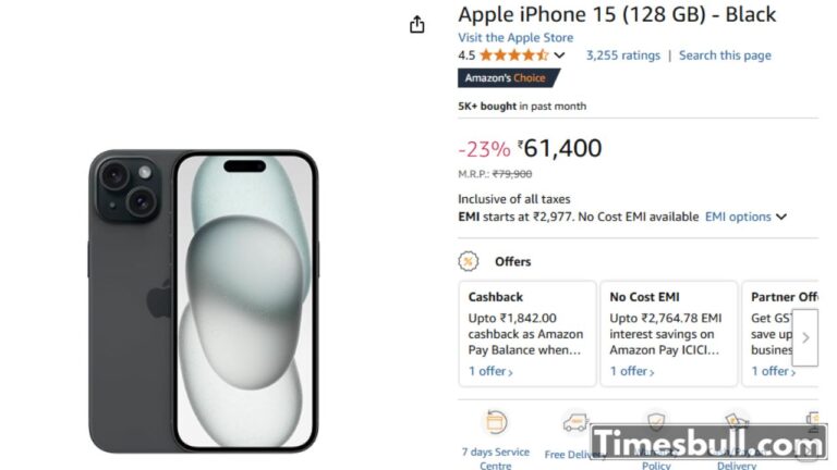 Grab iPhone 15 at ₹61,390 with cashback and EMI offers on Amazon