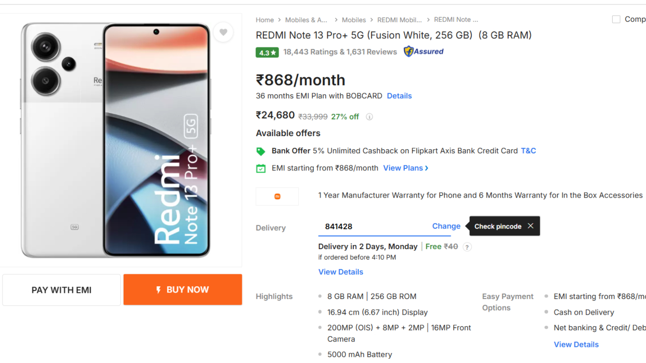Redmi Note 13 Pro+ 5G Offer on Flipkart