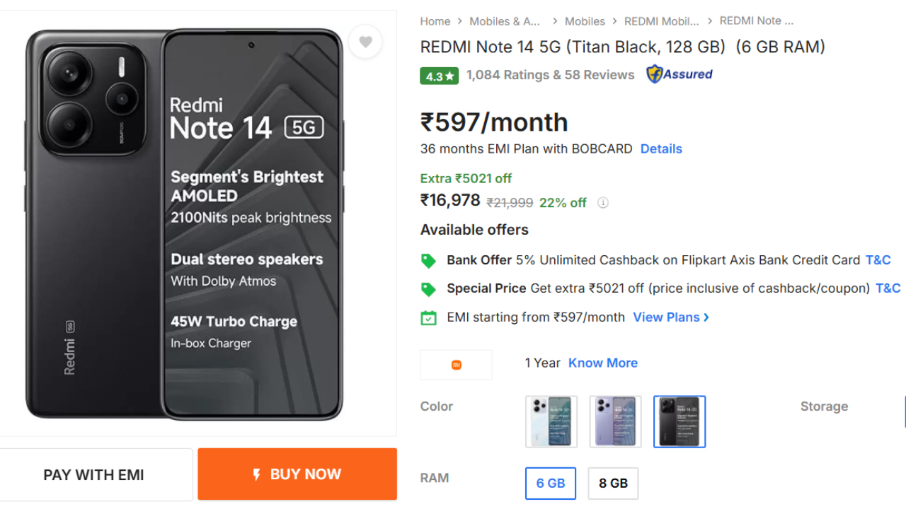 Redmi Note 14 5G (Titan Black, 6GB RAM, 128GB Storage)