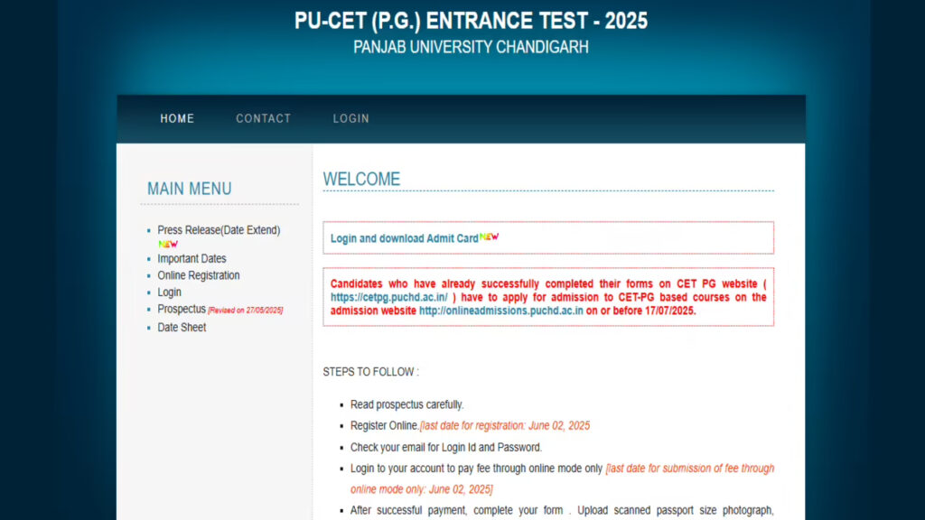 PU CET PG 2025 Admit Card Released 