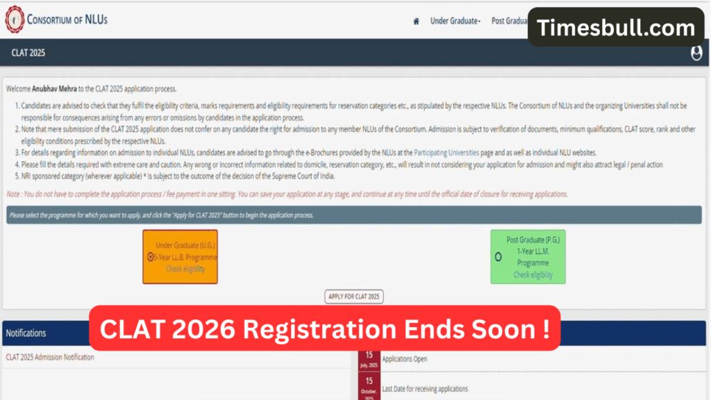 Final Call for Future Lawyers! CLAT 2026 Registration Ends Soon – Apply Now at consortiumofnlus.ac.in