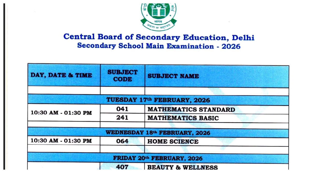 CBSE Class 10 Time Table...