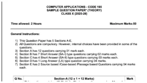 CBSE Board Exam 2026 – Download PDF Class 10 Computer Applications Sample Paper 2026