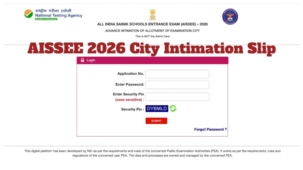 AISSEE 2026 City Intimation Slip OUT – NTA Releases at exams.nta.nic.in, Click Here Direct Link