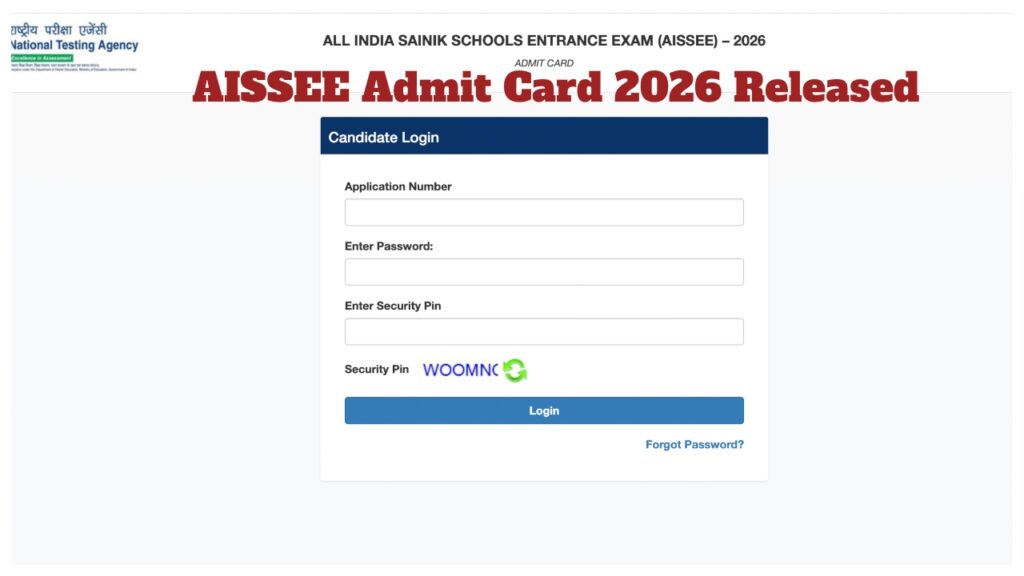 AISSEE Admit Card 2026 Released – Download Sainik School Class 6 & 9 Hall Ticket at exams.nta.nic.in