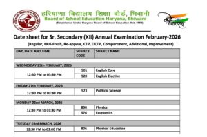 HBSE Time Table 2026 Declared – Haryana Board Class 10 & 12 Download PDF at bseh.org.in, Subject-Wise Schedule