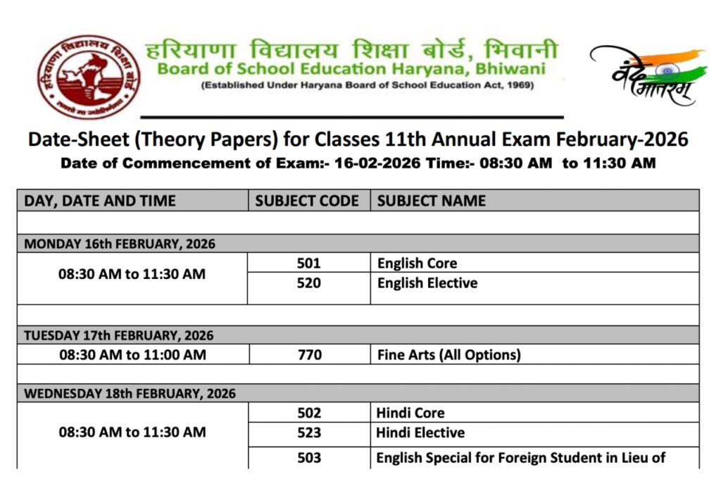 HBSE datesheet 2026 – Download Haryana Class 9 and 11 exam schedule at bseh.org.in