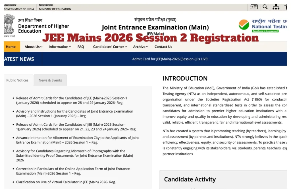 JEE Main 2026 Session 2 – Registration Link Active from Feb 1 at jeemain.nta.nic.in