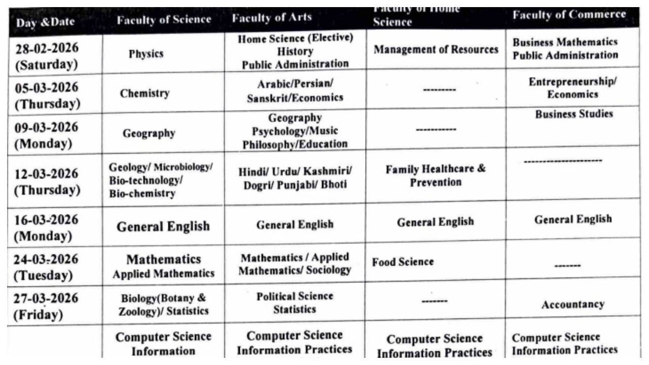 JKBOSE 11th Date Sheet 2026...