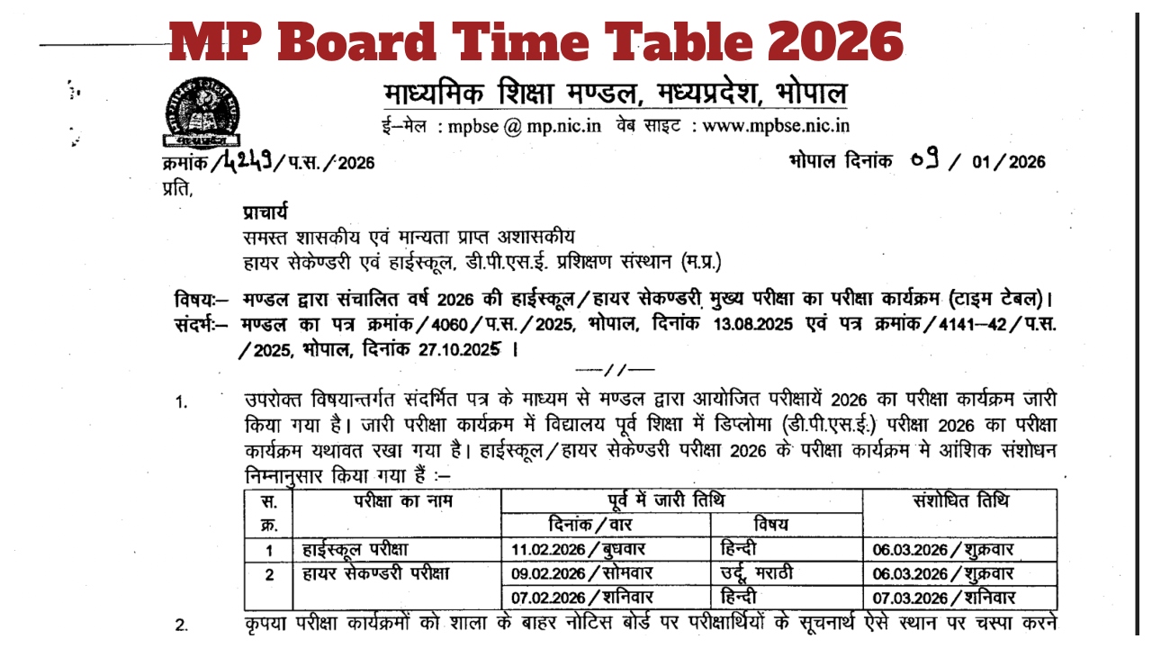 MP Board 10th 12th Revised Time Table 2026