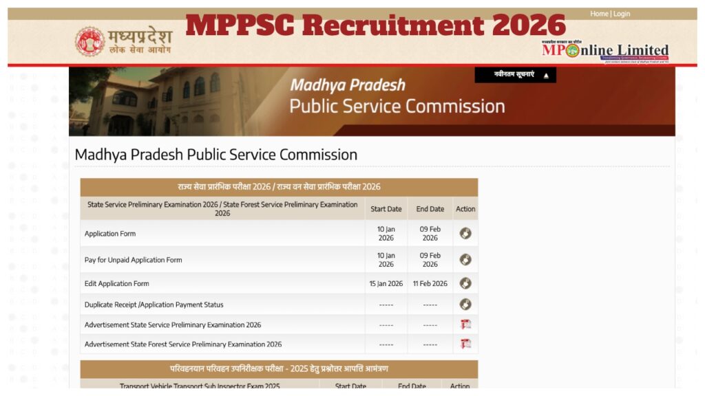MPPSC Recruitment 2026 – Online Applications Open for MP PCS; Apply by Feb 9 at mppsc.mp.gov.in