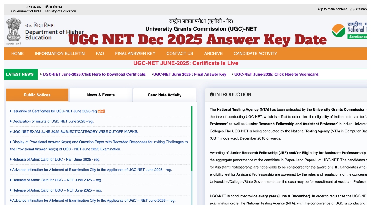 UGC NET Dec 2025 Answer Key Date