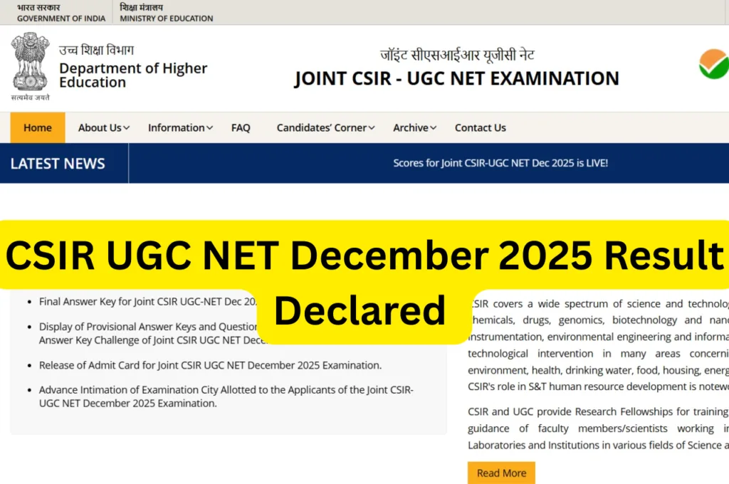 CSIR UGC NET December 2025 Result Declared – Scorecard Download csirnet.nta.nic.in