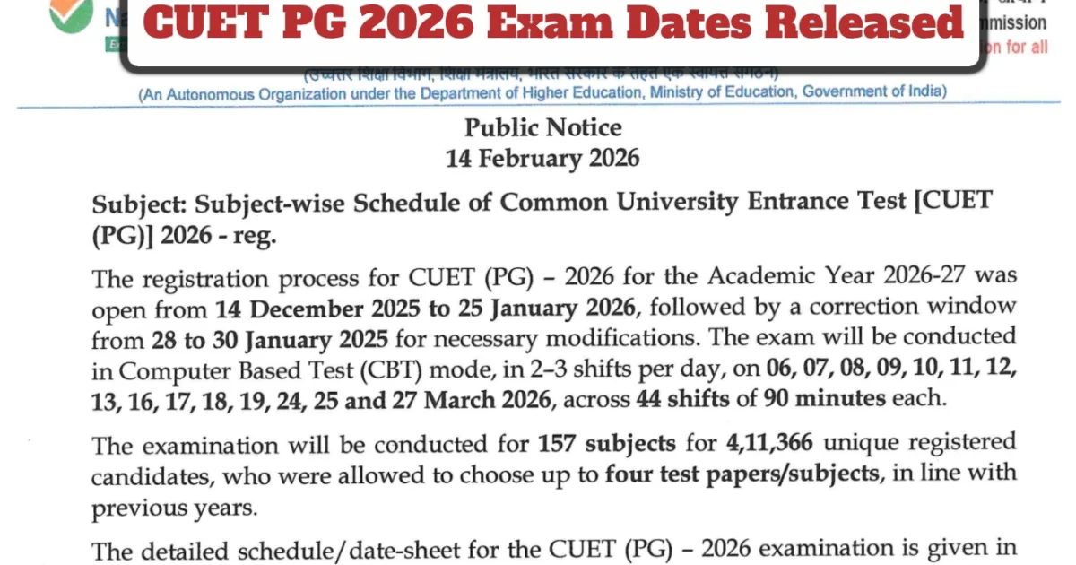 CUET PG 2026 Exam Dates Announced – Direct Link to Downalod Subject-Wise Schedule at exams.nta.nic.in