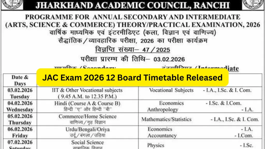 JAC Exam 2026 12 Board Timetable Released