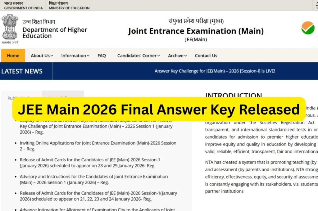 JEE Main 2026 Final Answer Key Released – Download PDF and Check Dropped Questions jeemain.nta.nic.in