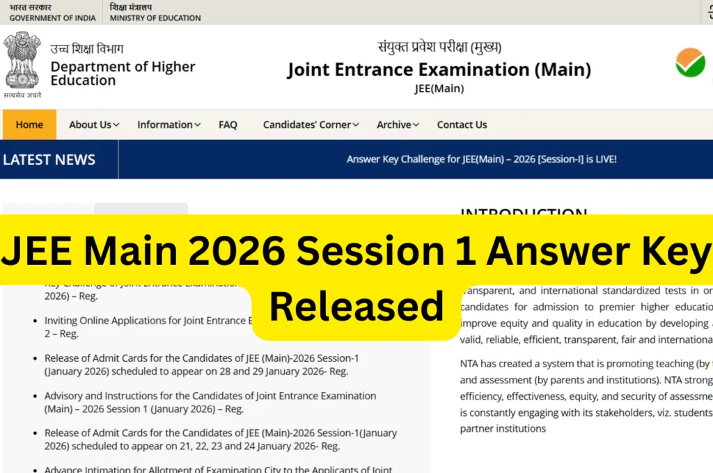 JEE Main 2026 Session 1 Answer Key Released – Today, Check Official Link jeemain.nta.nic.in