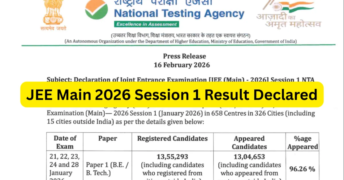 JEE Main 2026 Session 1 Result Declared