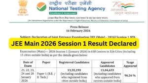 JEE Main 2026 Session 1 Result Declared - How to check result at jeemain.nta.nic.in in Education category
