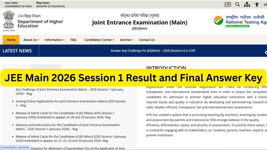 JEE Main 2026 Session 1 Result and Final Answer Key
