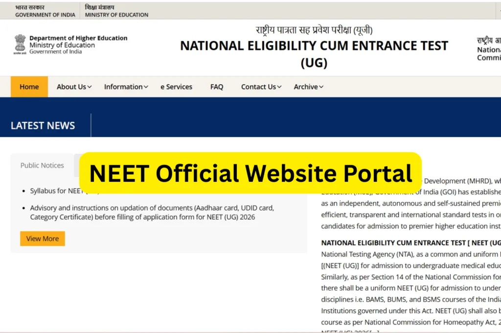 NEET Official Website Portal – NEET 2026 Form Filling Admit Card Download Steps