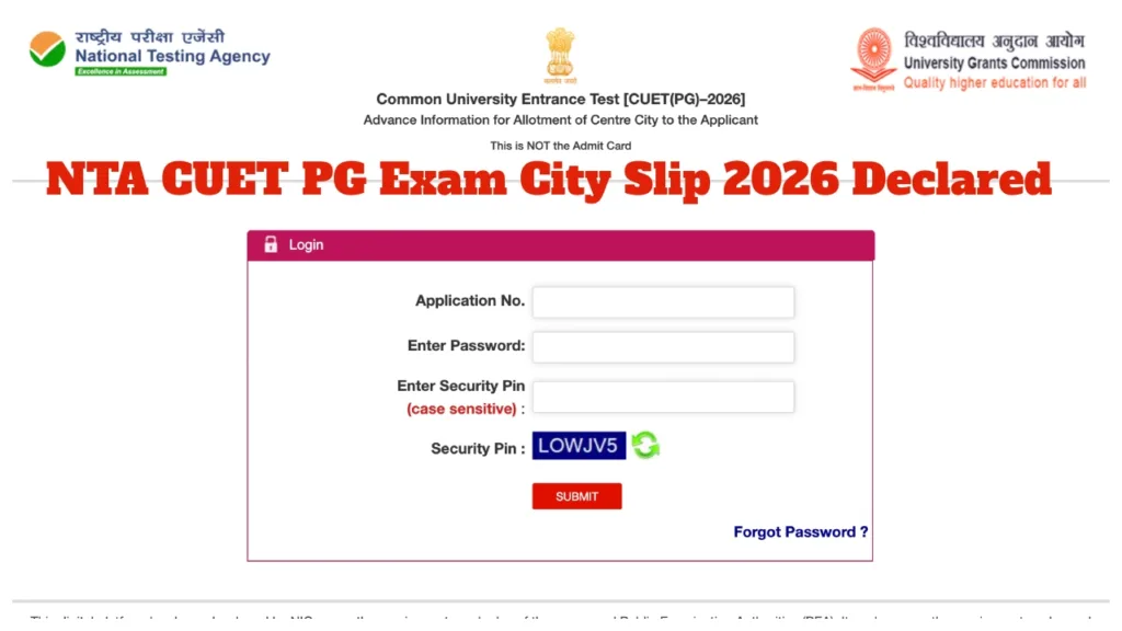 CUET PG Exam City Slip 2026 Announced – Direct Link to Download City Intimation at exams.nta.nic.in