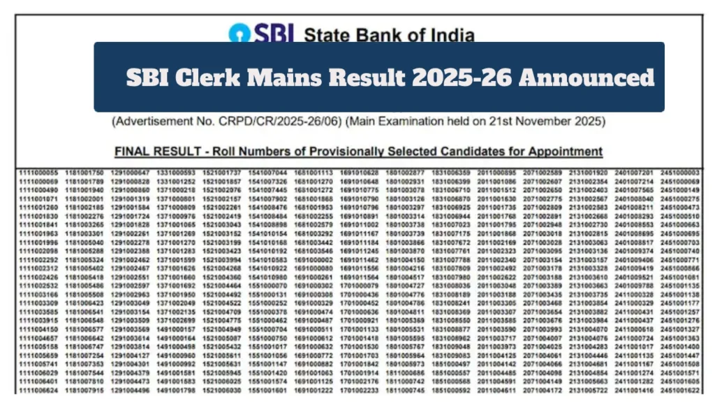 SBI Clerk Mains Result 2025-26 Announced – Direct Link to Download Merit List PDF at sbi.co.in