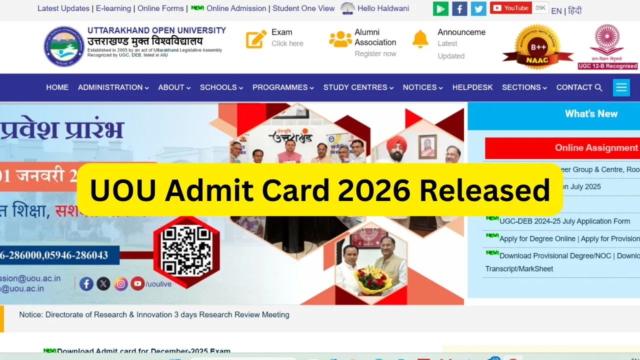 UOU Admit Card 2026 Released – December Exam Hall Ticket Download at uou.ac.in