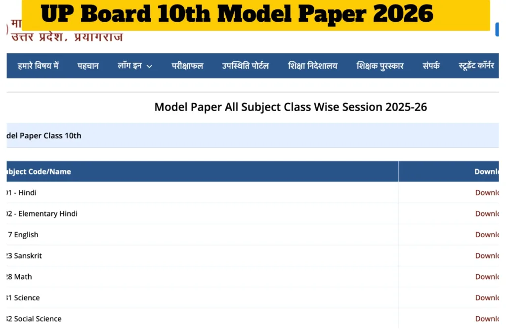 UP Board 10th Model Paper 2026 – Download Subject-Wise PDFs at upmsp.edu.in Before Feb 18 Exam