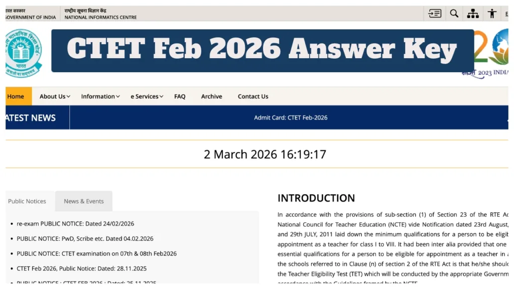 CTET Feb 2026 Answer Key Released March 3 – Challenges Open Soon; Download Feb Session Key at ctet.nic.in