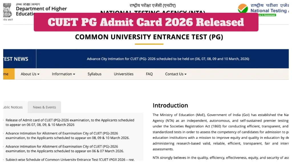 CUET PG Admit Card 2026 Released – Download Hall Ticket for March 6–10 Exams at exams.nta.nic.in