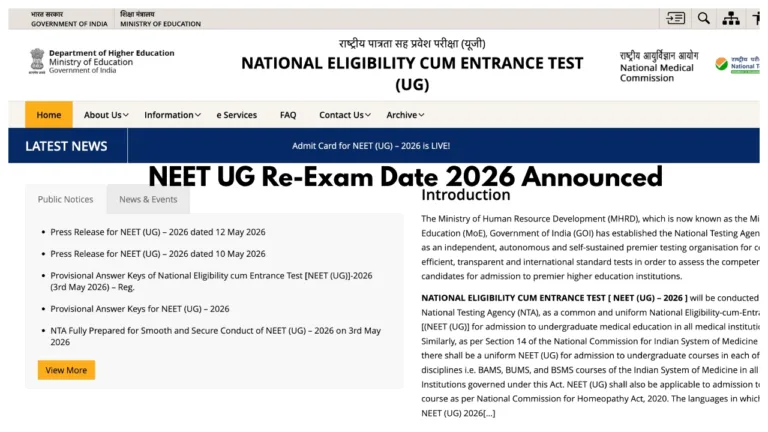 NEET UG Re-Exam Date 2026 Announced – Admit Card at neet.nta.nic.in