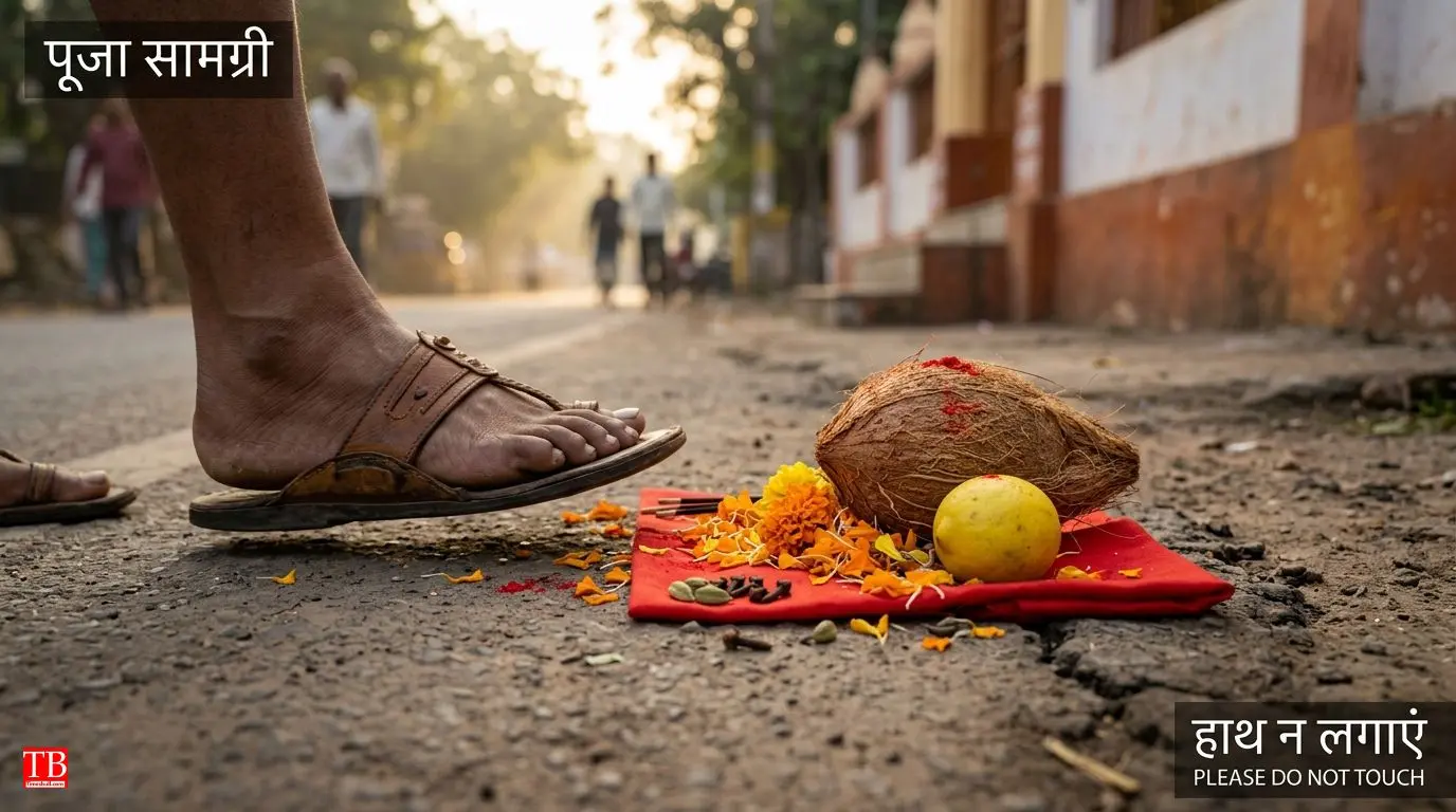 सड़क पर पड़ी पूजा सामग्री—नारियल, नींबू, लाल कपड़ा, सिंदूर