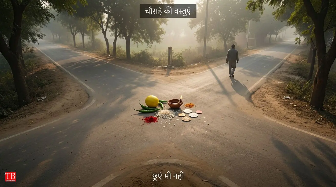 चौराहे पर रखी वस्तुएं—नींबू-मिर्च, दीपक, सिक्के