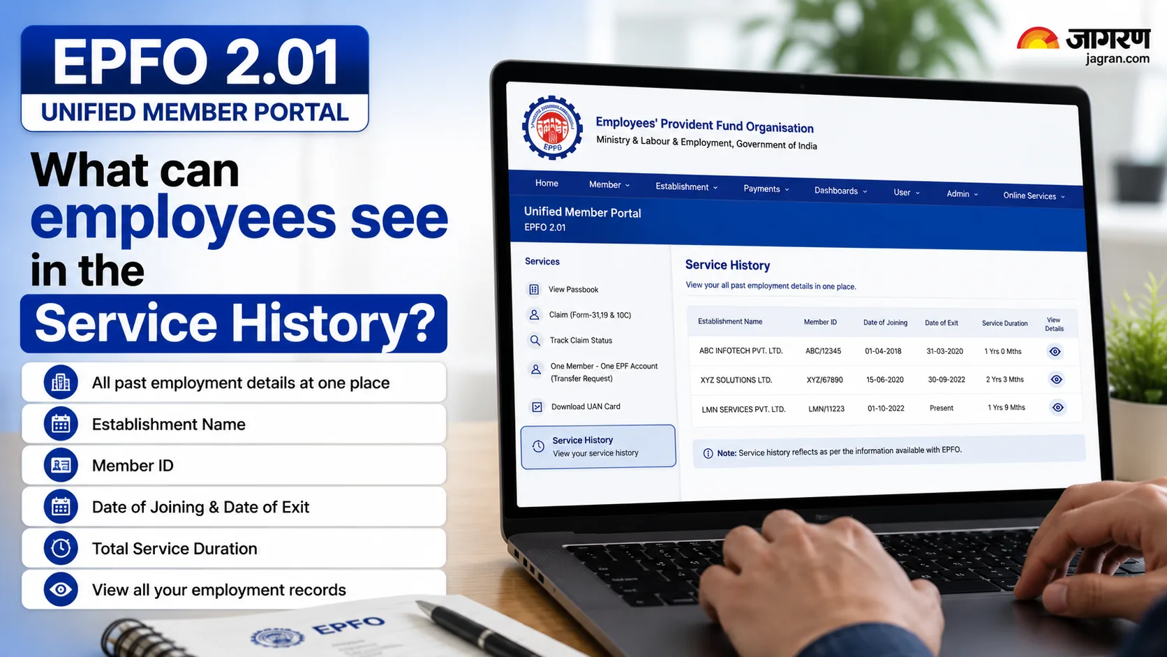 What can employees see in the service history?