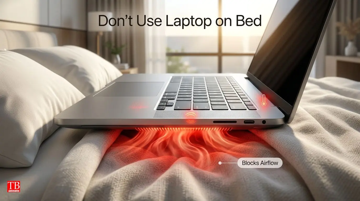 Laptop on the bed or pillow.