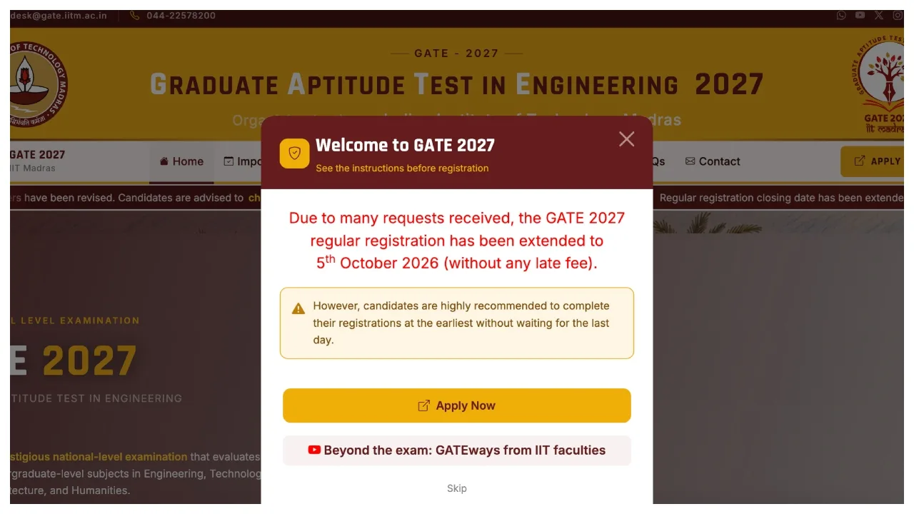 GATE 2027 – Last Date Extended, Apply Without Late Fee Till October 5