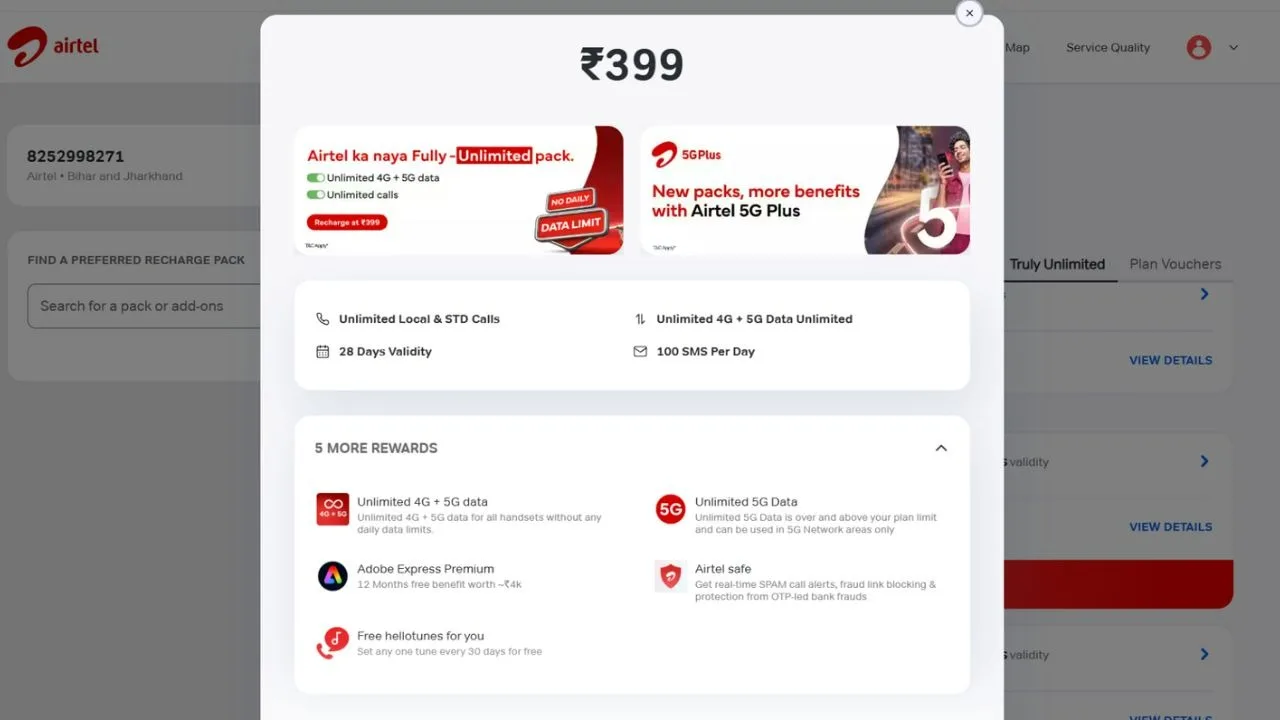 Airtel Rs 399 Recharge Plan – Unlimited 4G/5G Data, Free Adobe Express Premium - Image 1