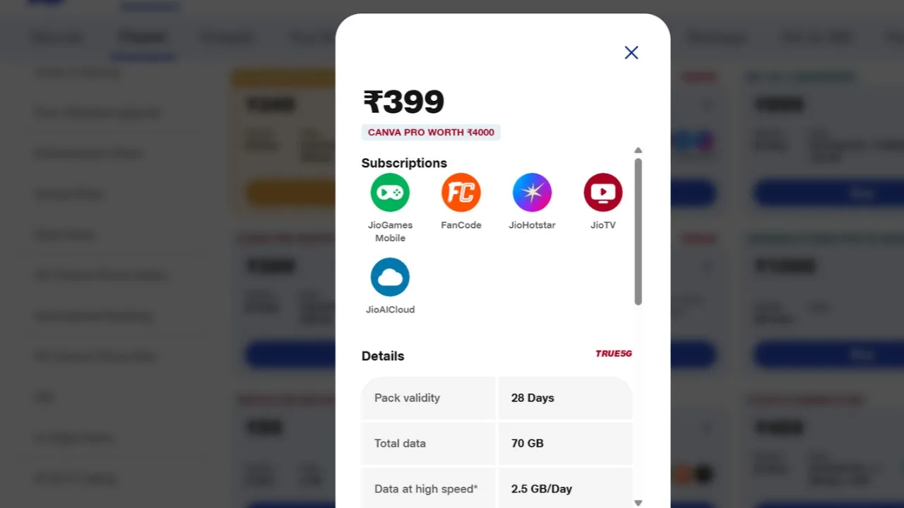 Jio Cheapest Plan – Get 70GB Data, Unlimited Calling, 5G and Free Canva Pro Benefits - Image 2