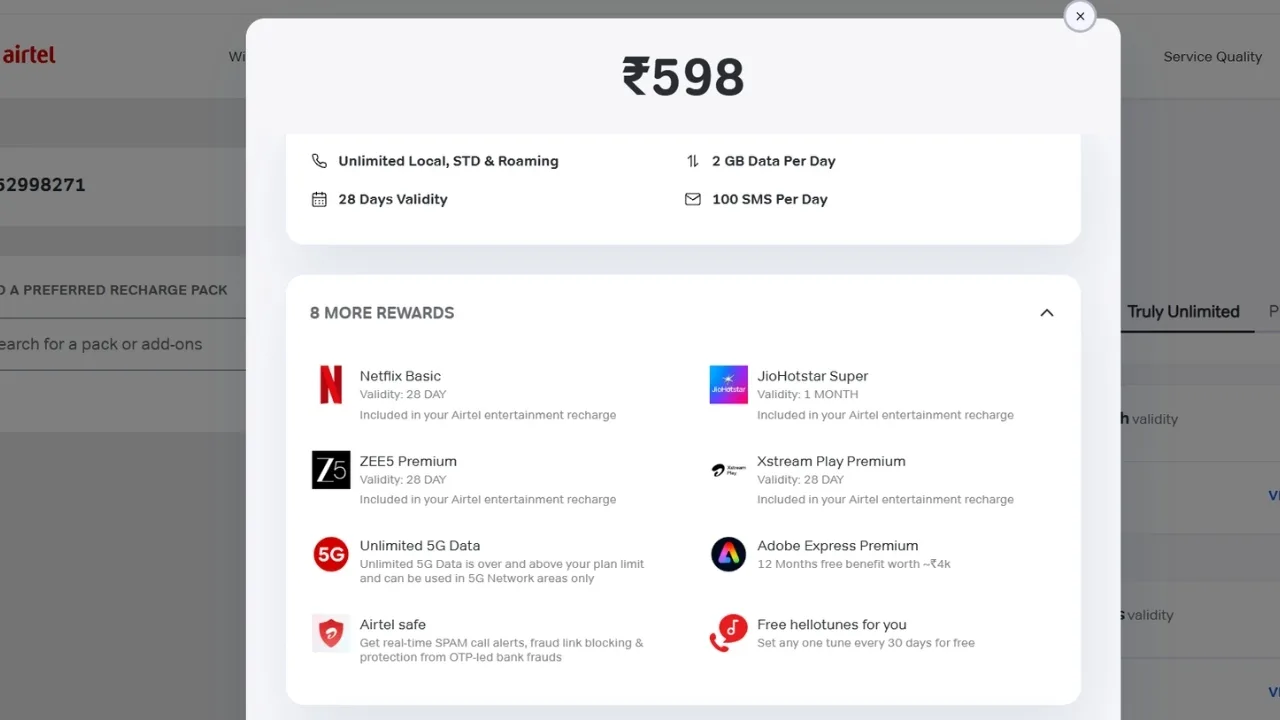 Airtel ₹598 Plan – Get Netflix Basic, JioHotstar, ZEE5 Premium, 2GB Daily Data & More - Image 1